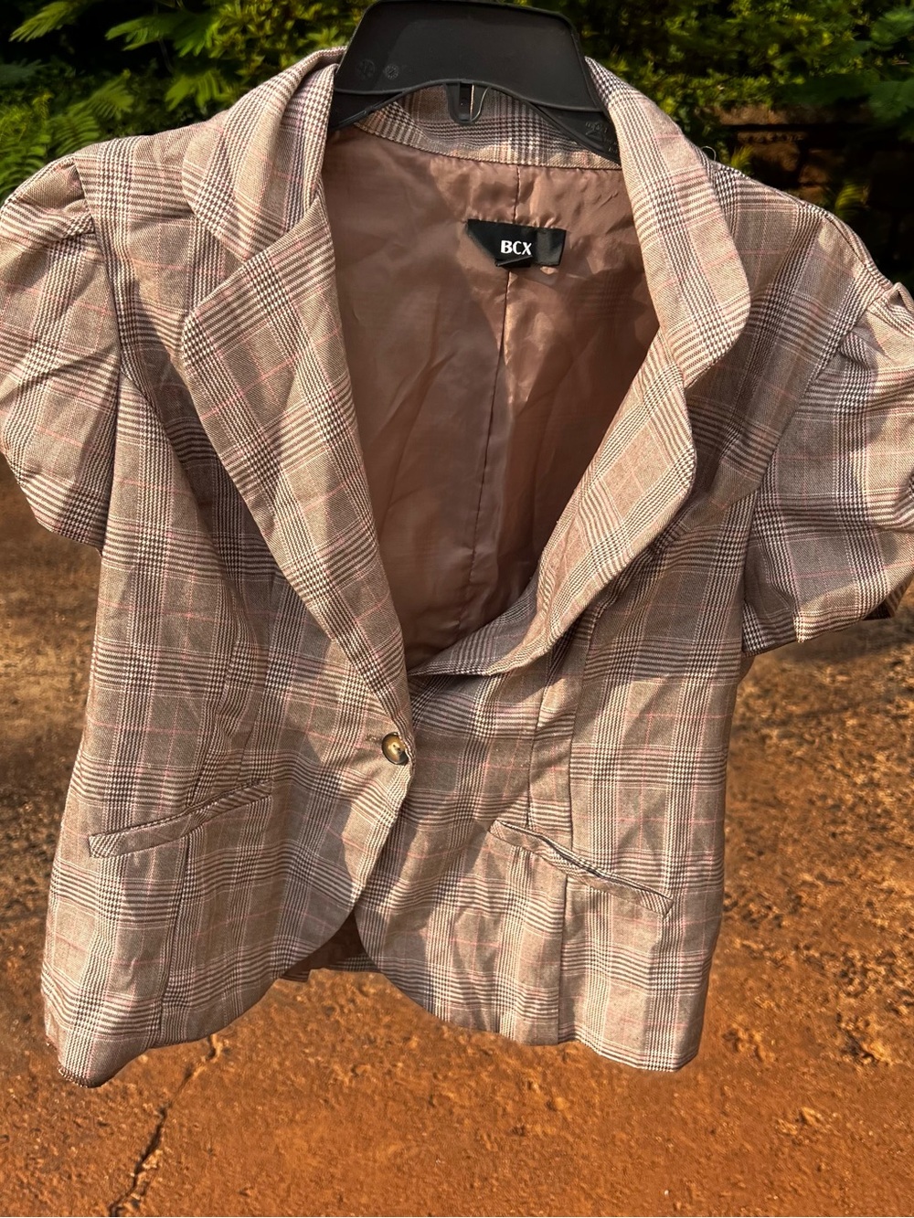 BCX Plaid Blazer in Taupe and Pink Accent